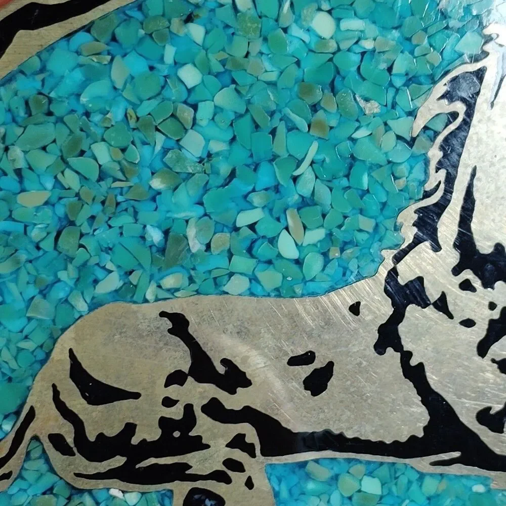 Vintage Belt Buckle Turquoise Chip Inlay Horse Oval Western Rodeo Cowboy 1981